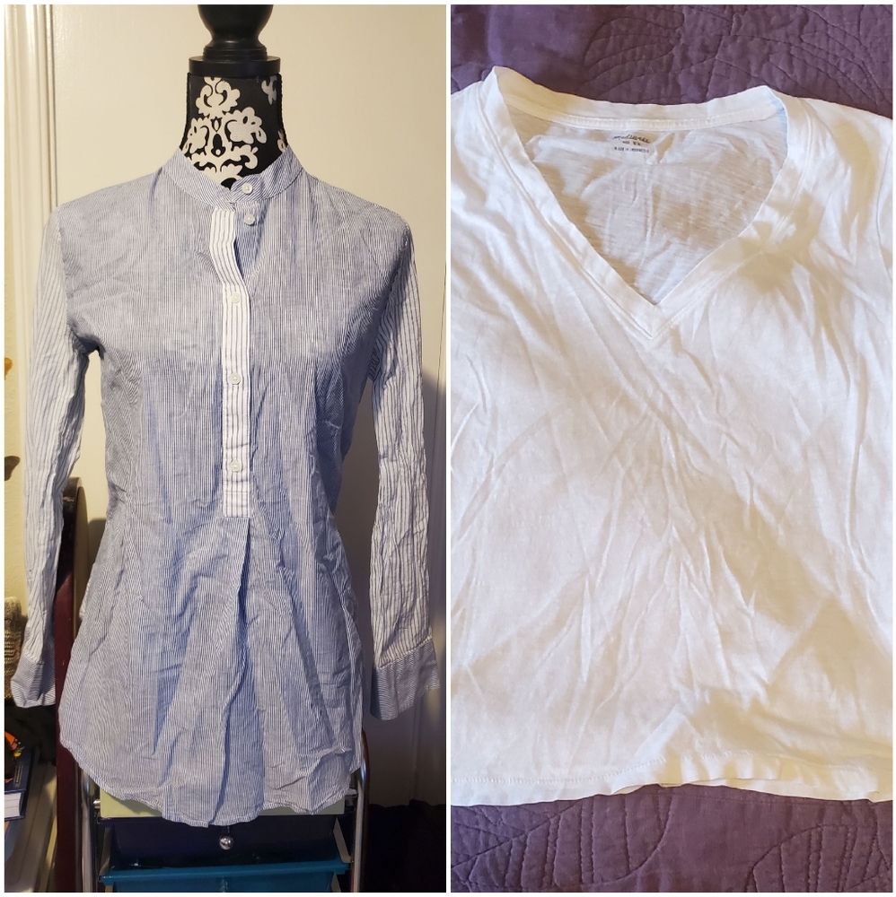 Madewell Light Blue & White Striped Mandarin-Collar Button Down